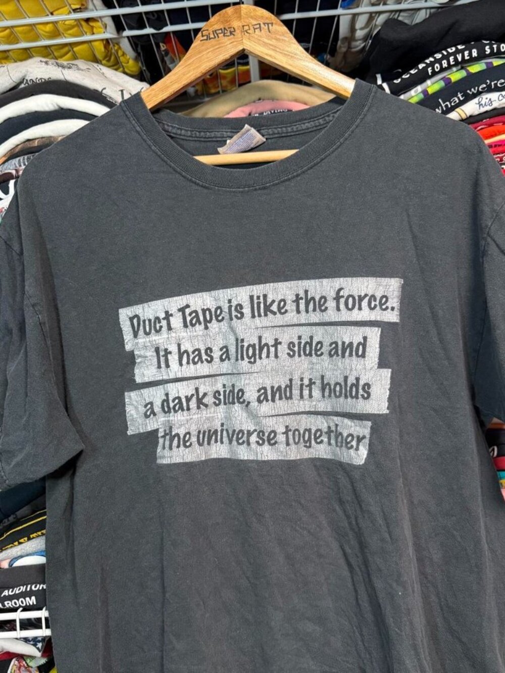 Y2K duct tape Star Wars novelty funny spell out t shirt black